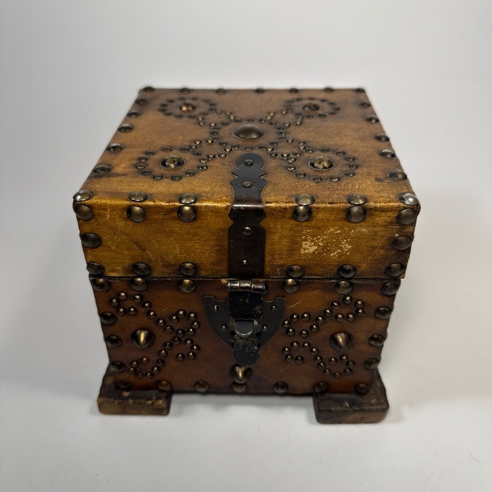 Vintage Spanish style leather-wrapped brass studded wooden trinket box